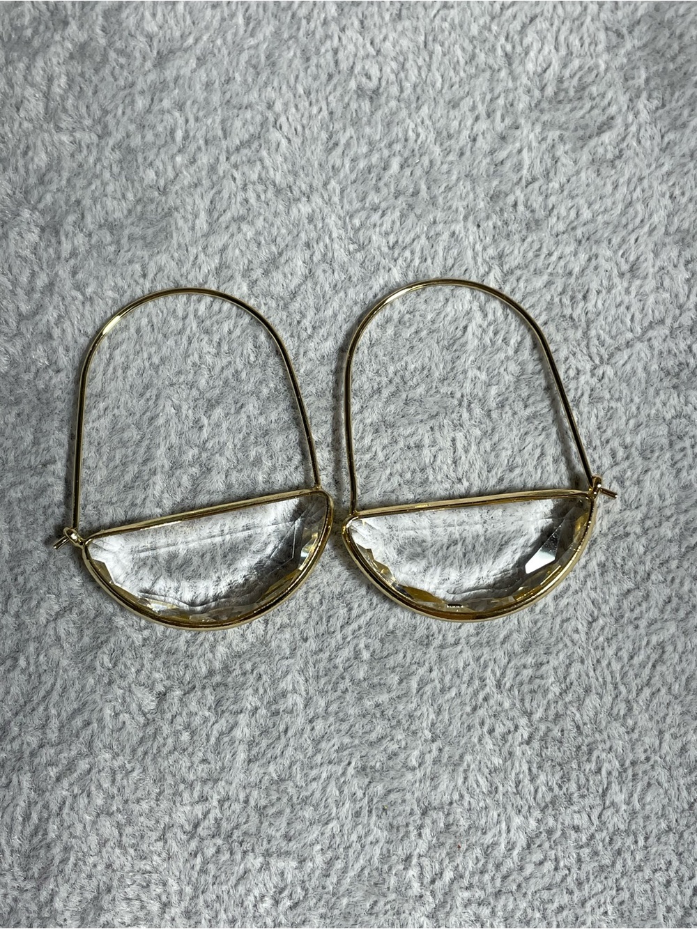 Anthropologie Clear Glass Crescent Moon Gold Tone Hoop Earrings NEW